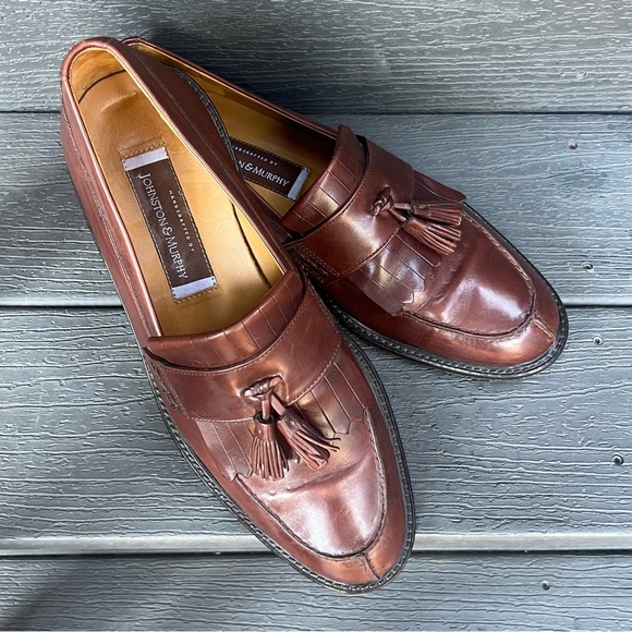 JOHNSON & MURPHY CHESTNUT BROWN LEATHER TASSEL SHOES SIZE 9.5 - Picture 1 of 12